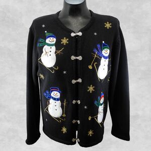 Vintage Christmas Cardigan Sweater Womens Small Crystal Kobe Snowman Metal Clasp